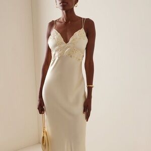 LoveShackFancy - Kesslyn Embroidered Silk Midi Slip Dress